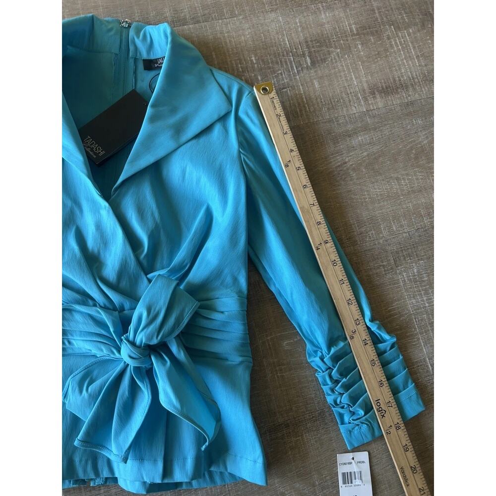 Tadashi Shoji Satin Wrap Blouse Women 6P Evening Cocktail Top Blue Artsy NWT - Picture 8 of 12